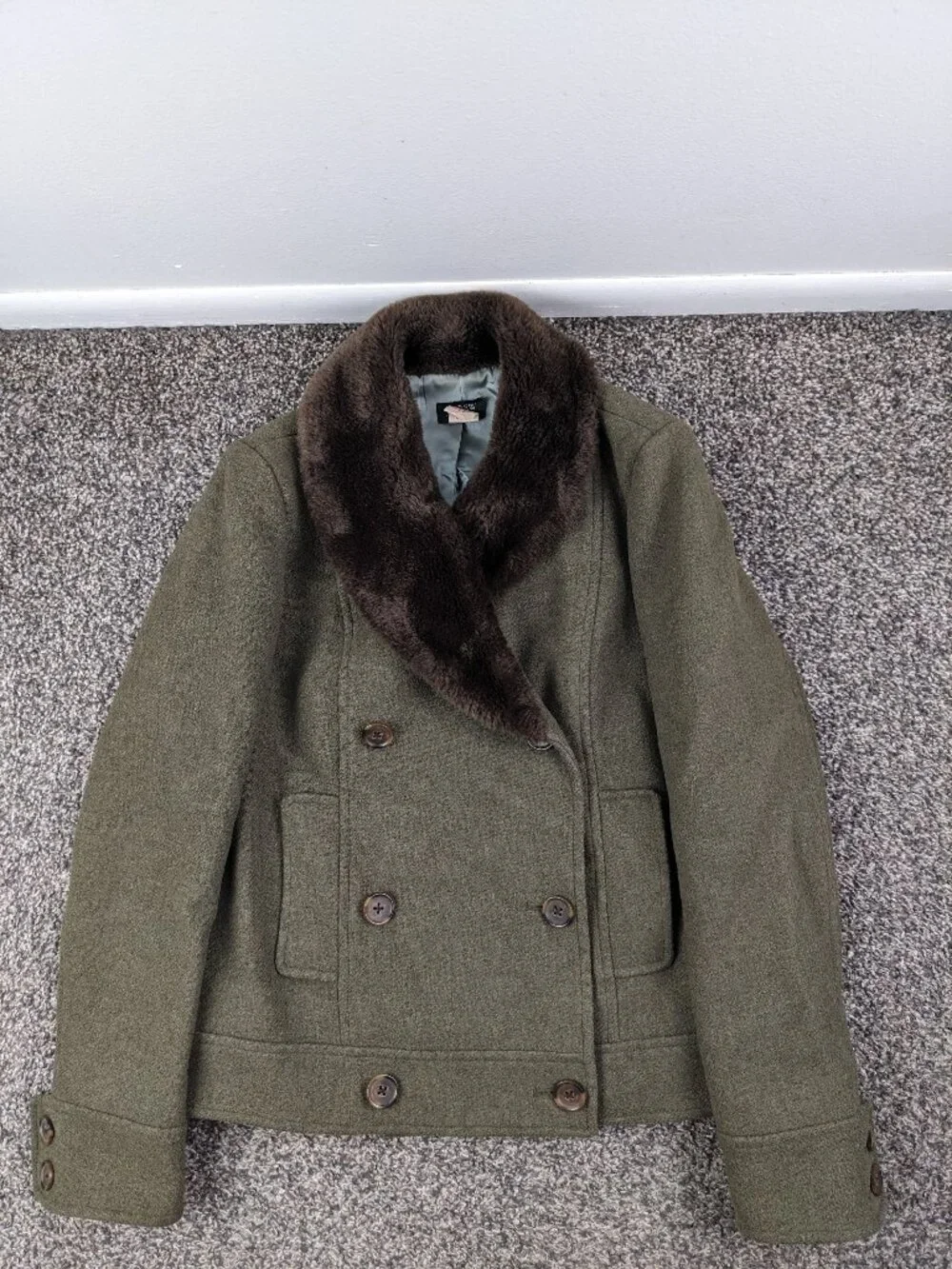 J Crew Pea Coat Wool Double Breasted Faux Fur Collar Green Womens 4